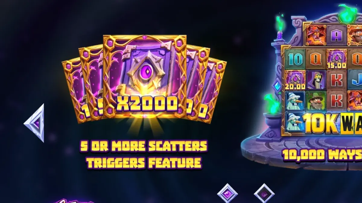 Tampilan visual slot Wizbang Brawl 10K Ways dengan tema penyihir dan elemen arcade.